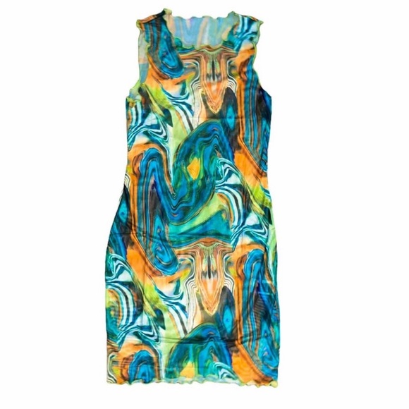 New Woman’s Bohemian Lettuce Trim Marble Acrylic Pour Print Bodycon Dress - Picture 9 of 14